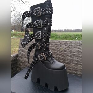 WIDOW® Eyelet Buckle Vegan Leather Knee-High Platform Boots